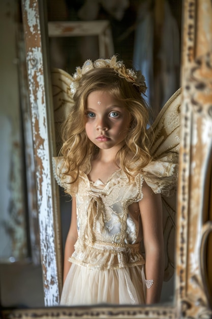 Ein entzückendes junges Mädchen in einem Feenkostüm mit Engelflügeln schaut auf die Reflexion in einem Vintage-Spiegel