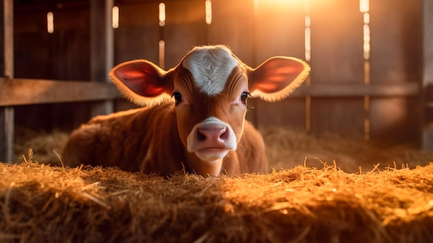 Ein entzückendes Kalb liegt friedlich auf dem ruhigen Bauernhof Generative AI