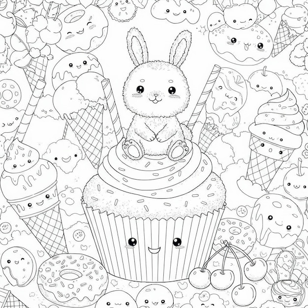 Ein entzückendes Kaninchen auf einem Cupcake, umgeben von Kawaii-Süßigkeiten