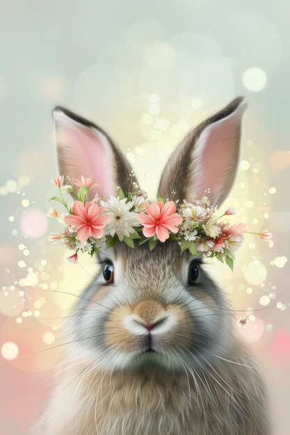 Ein entzückendes Kaninchen mit einer Krone aus Wiesenblumen auf Bokeh-Hintergrund Eine entzückende und wunderbare Szene