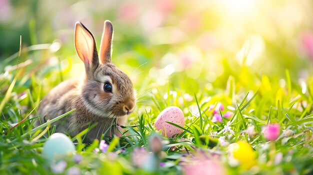 Ein entzückendes Kaninchen mit Ostereiern auf einer blumigen Wiese