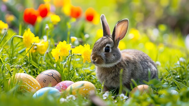 Ein entzückendes Kaninchen mit Ostereiern auf einer blumigen Wiese