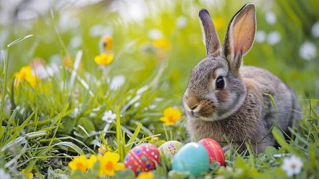 Ein entzückendes Kaninchen mit Ostereiern auf einer blumigen Wiese