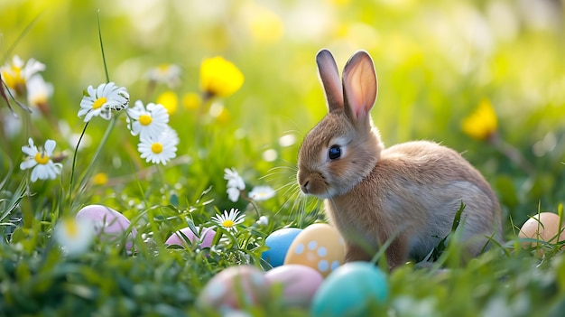 Ein entzückendes Kaninchen mit Ostereiern auf einer blumigen Wiese