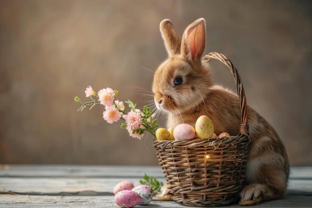 Ein entzückendes Kaninchen mit Osterfrüchten in einem Korb