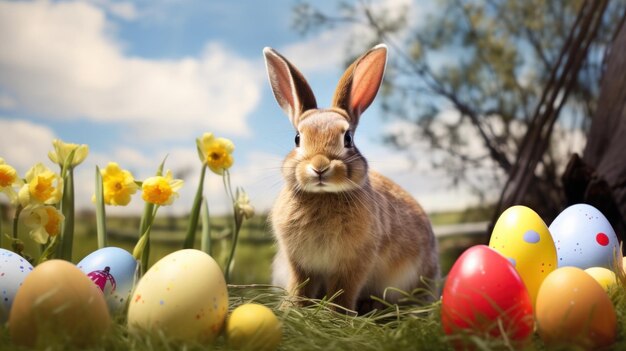 Ein entzückendes Kaninchen schmiegt sich unter Ostereiern und Narzissen unter einem sonnigen Frühlingshimmel