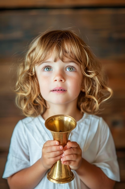 Foto ein entzückendes, lockiges kind hält eine goldene glocke mit unschuldigen augen in einem hölzernen innenraum