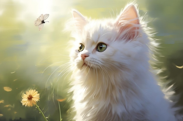 Ein entzückendes weißes Kätzchen beobachtet eine Biene am Fenster mit neugieriger generativer KI