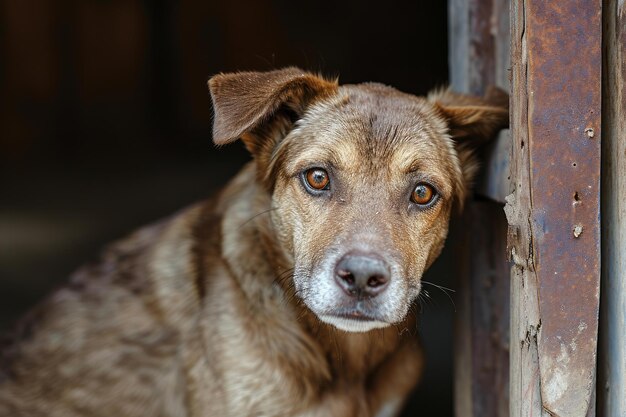 Ein erbärmlicher, missbrauchter, schmutziger Hund sitzt draußen.