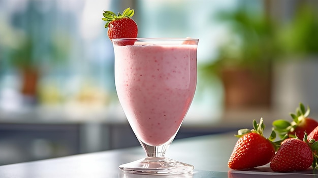 Ein Erdbeer-Smoothie mit Erdbeeren auf einem Tisch.