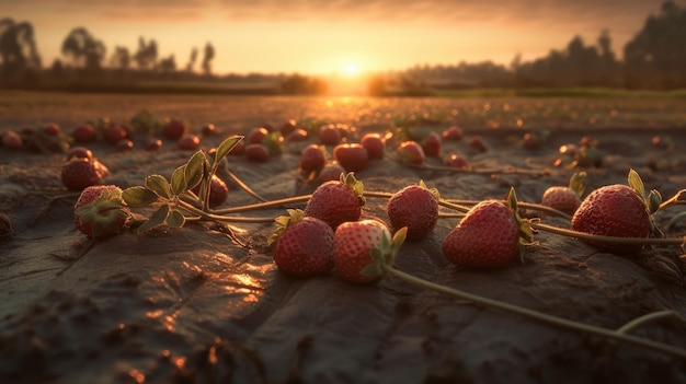 Ein Erdbeerfeld, hinter dem die Sonne untergeht