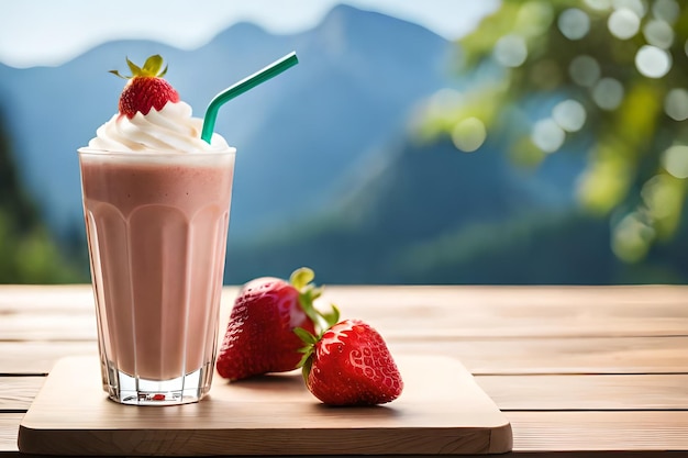 Ein Erdbeermilchshake mit Erdbeeren auf einem Holztisch