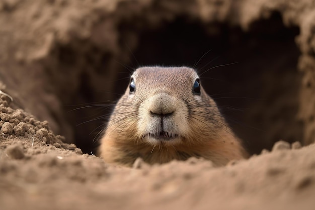 Ein Erdhörnchen späht aus seinem Bau