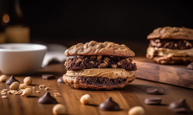 Ein Erdnussbutter-Schokoladen-Sandwich mit Erdnussbutter darüber