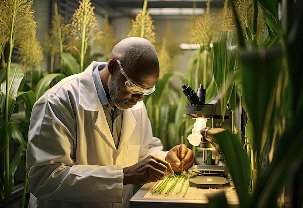 Ein erfahrener Agronom untersucht Pflanzenproben in einem Gewächshaus sorgfältig unter einem Mikroskop