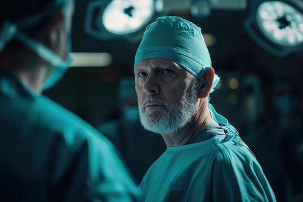 Ein erfahrener Chirurg in blauem Gewand und Sicherheitsbrille bereitet sich in einem gut ausgestatteten Operationssaal auf eine medizinische Operation vor.