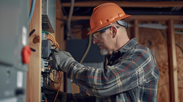 Foto ein erfahrener elektriker repariert mit schutzausrüstung die elektrische platte eines wohnsitzes sicher