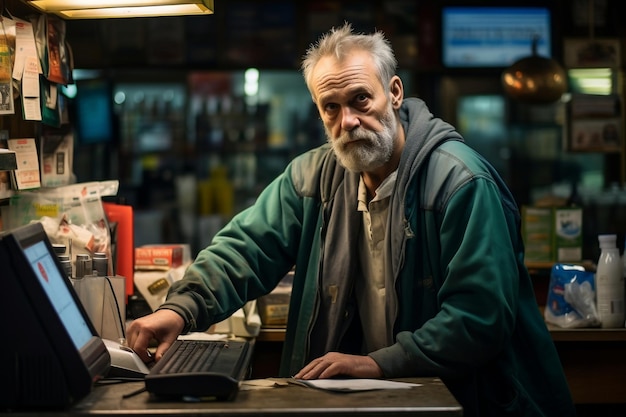 Ein erfahrener Herr arbeitet als Kassierer an einem Kiosk oder einer Tankstelle