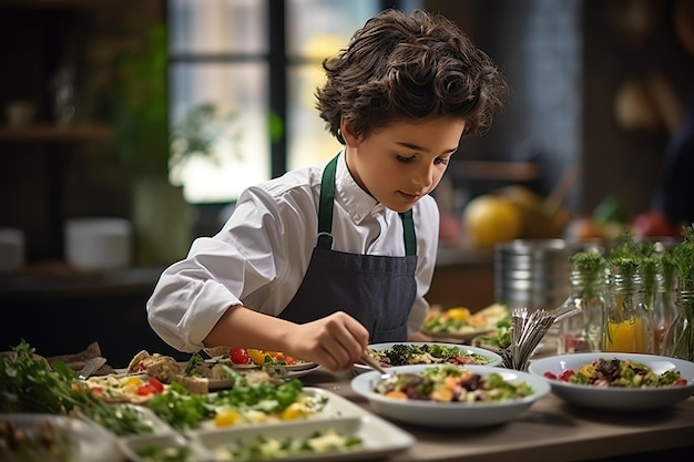 Ein erfahrener Kinderkoch bereitet in einer Küche sorgfältig ein Gourmetgericht mit generativer KI zu