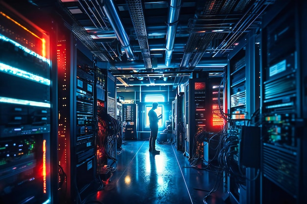 Ein erfahrener Netzwerktechniker, der fleißig inmitten eines Labyrinths aus fortschrittlicher Technologie in einem hochmodernen Serverraum arbeitet