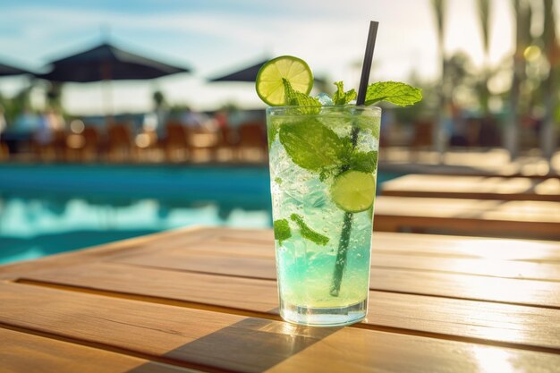 Ein erfrischender kalter Cocktail namens Mohito wird neben einem umweltfreundlichen Brei auf dem Holztisch platziert