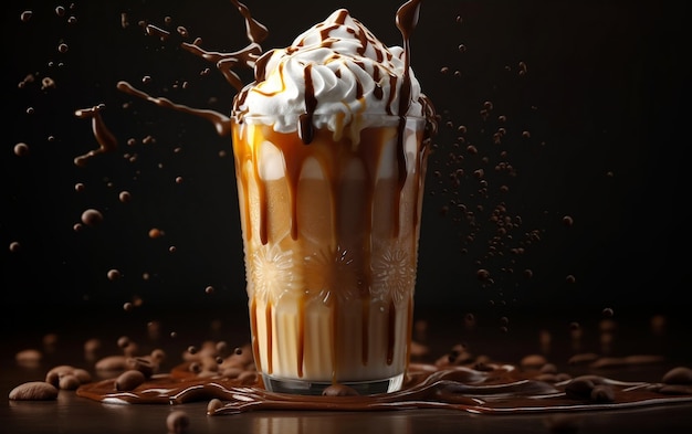 Ein erfrischender Karamell-Frappuccino mit Schlagsahne und Karamellsauce Generative Ai