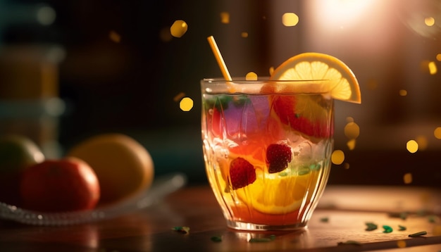 Ein erfrischender Zitruscocktail mit Zitronenlimette und Orangenscheiben, generiert von KI