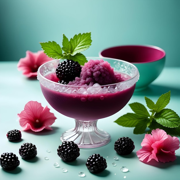 ein erfrischendes Brombeer-Hibiskus-Sorbet, garniert mit zartem Minzkristall-Ai-Generativ