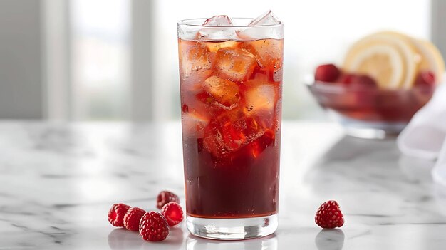 Ein erfrischendes Glas Eistee mit Himbeeren auf dem Tisch Das Glas ist hoch und klar, gefüllt mit Eis und einer dunkelroten Flüssigkeit