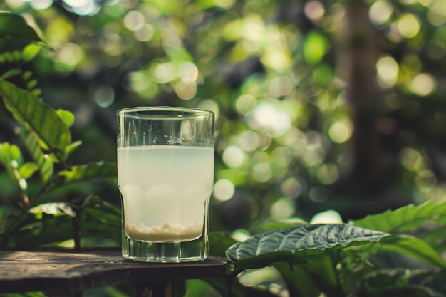 Ein erfrischendes Glas Kakaowasser umgeben von üppigem Laub