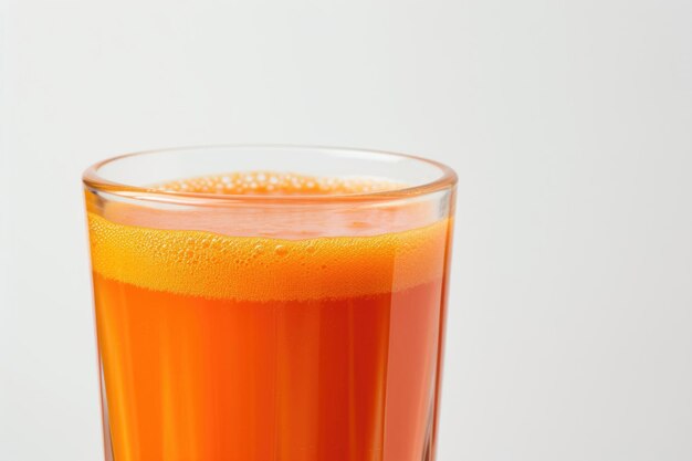 Ein erfrischendes Glas Karottensaft glänzt vor Vitalität vor einem unberührten weißen Hintergrund