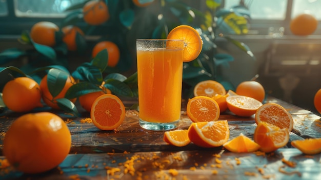 ein erfrischendes Glas Orangensaft auf einem Holztisch, umgeben von Schnitten frischer Orangen, die ein Gefühl der sonnigen Erfrischung hervorrufen