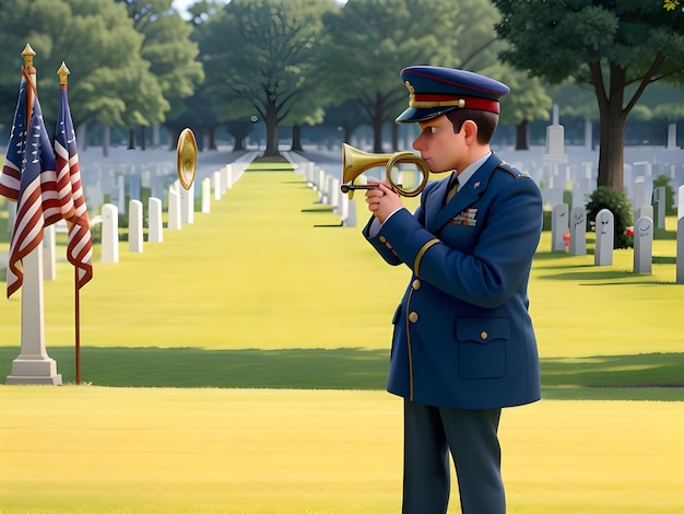 Foto ein ergreifender einsamer trompeter spielt taps auf einem militärfriedhof am memorial day ai generate image