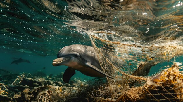 Ein ergreifendes Bild, auf dem ein Delfin in ein Fischernetz verstrickt ist, zeigt die Auswirkungen menschlicher Abfälle auf die Meereslebewesen