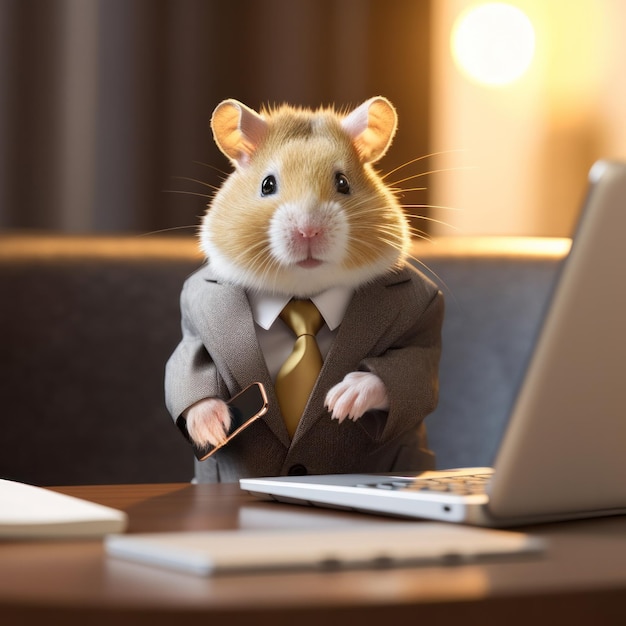 Ein ernst und lustig aussehender Hamster im Business-Anzug sitzt an seinem Schreibtisch im Büro mit Laptop und Mobiltelefon. Generative KI-realistische Illustration