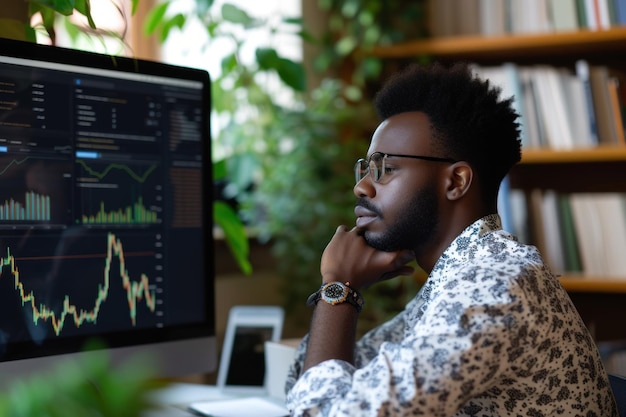 Ein ernster afroamerikanischer Mann mit Brille, der sich tief auf die finanzielle Analyse auf seinem Computer konzentriert