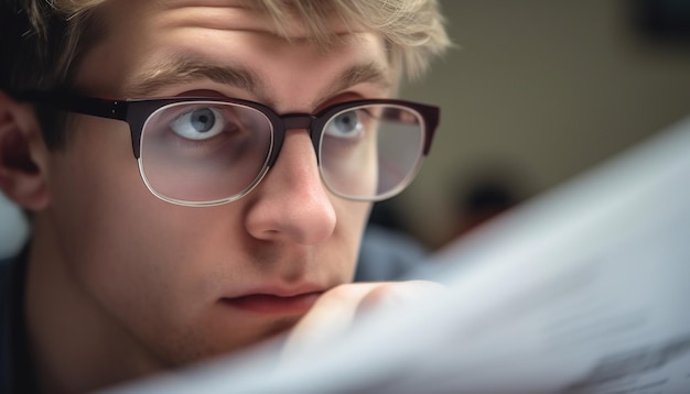 Foto ein ernsthafter mann, der studiert, sich konzentriert und mit dem selbstvertrauen arbeitet, das durch künstliche intelligenz erzeugt wird.