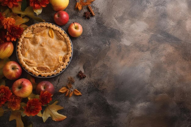 Ein Erntedanktisch mit Kuchen und Herbstblättern