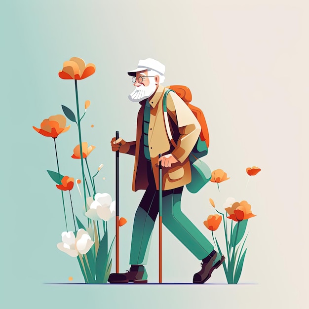 ein Erwachsener geht mit Stock und Blumen im Stil von flachen Illustrationen