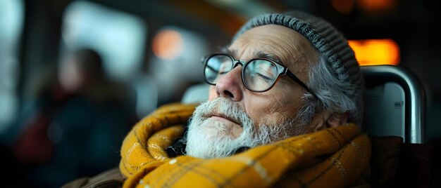 Ein erwachsener Mann schläft während einer Zugfahrt ein Konzept Zugfahrt Nickerchen Müdiger Reisender Pendeln Ruhe