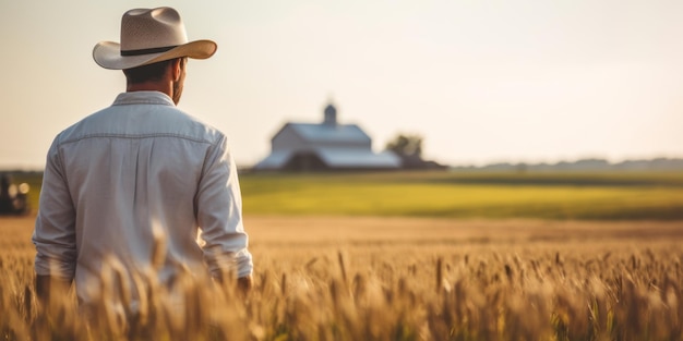 Ein erwachsener weißer amerikanischer Bauer mit Hut steht auf dem landwirtschaftlichen Feld mit einem weit entfernten Gebäude