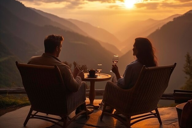 Foto ein erwachsenes paar sitzt auf einer terrasse auf stühlen und trinkt im sommer wein in den bergen