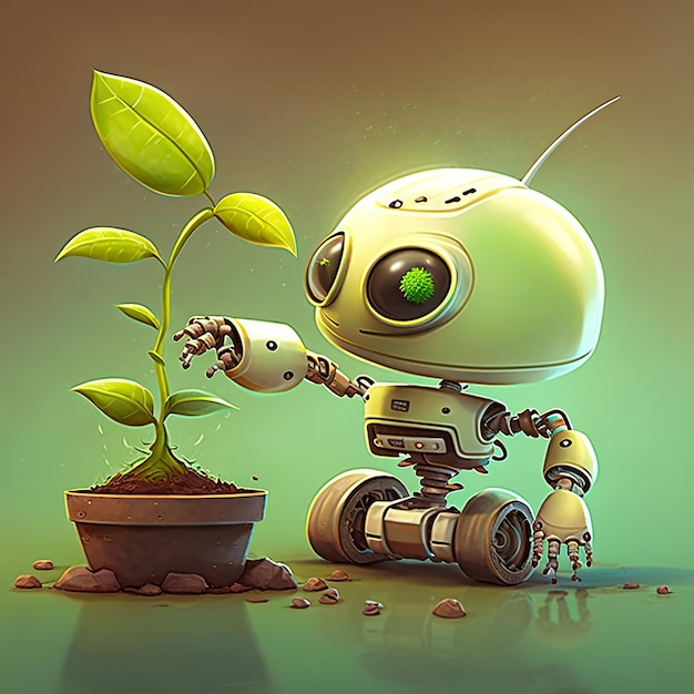 ein erzeugter Illustration süßer moderner Roboter beschäftigt sich mit Gartenarbeit