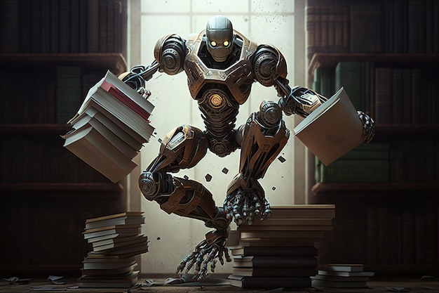 ein erzeugter Illustrationsroboter mit wenigen Büchern in der Bibliothek