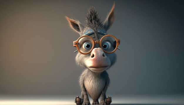 Ein Esel mit Brille sitzt vor einem grauen Hintergrund.