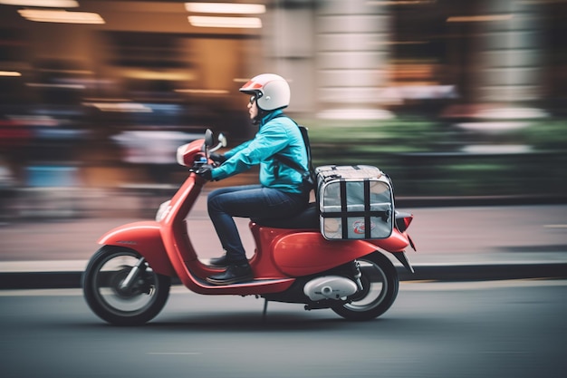 Ein Essenslieferant mit Helm und hellem Rucksack rast auf seinem Motorrad durch die belebten Straßen. Bewegungsunschärfe Generative KI