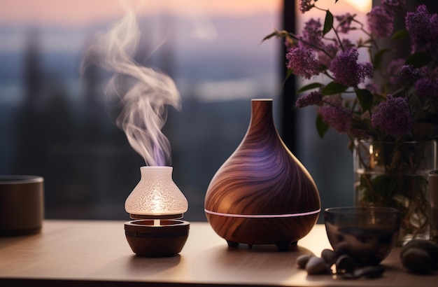 Foto ein essential-oil-diffuser sitzt auf einem tisch voller aromatherapie-kerne
