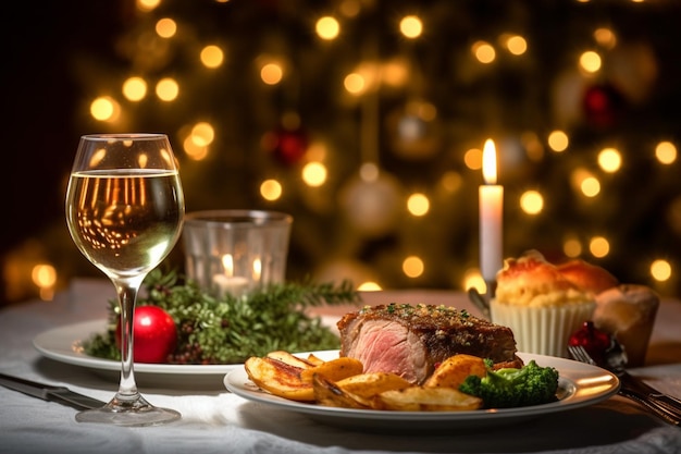 Ein Esstisch mit einem Glas Wein und einem Teller mit Steak und Kartoffeln.