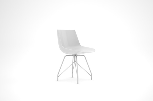 Ein Esszimmer-3D-Stuhl mit langer Basis und kurzer Rückenlehne mit weißer Farbe und Hintergrund. Zum Essen geeignet