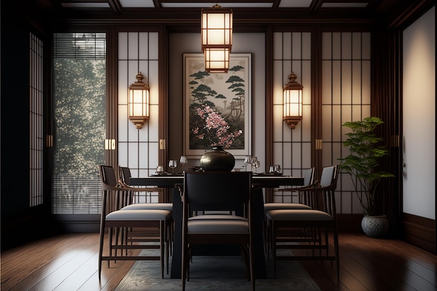 Ein Esszimmer mit einem großen Gemälde einer japanischen Landschaft.